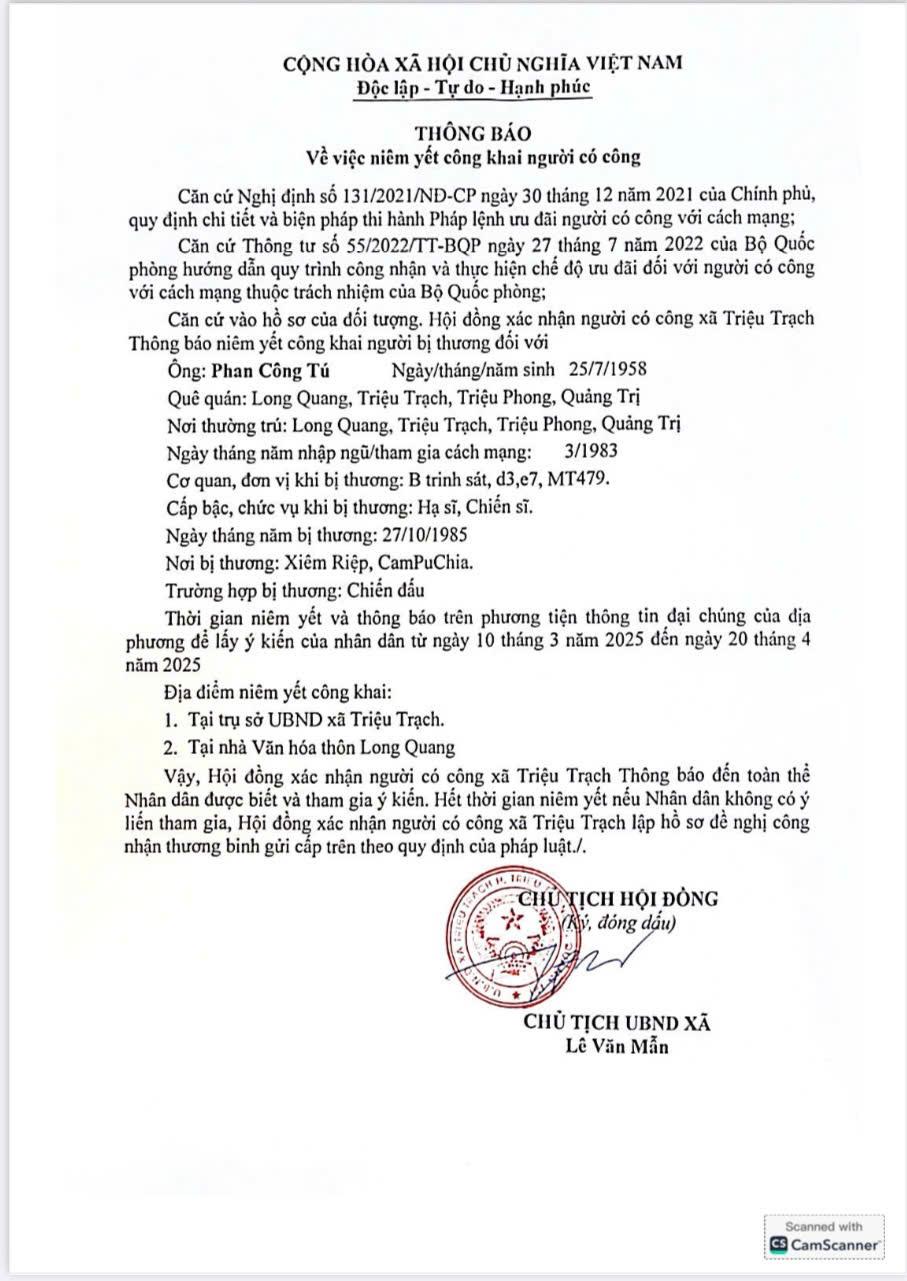 THÔNG BÁO VỀ VIỆC NIÊM YẾT CÔNG KHAI NGƯỜI CÓ CÔNG